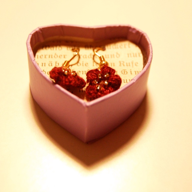 crochet earrings in a heart box